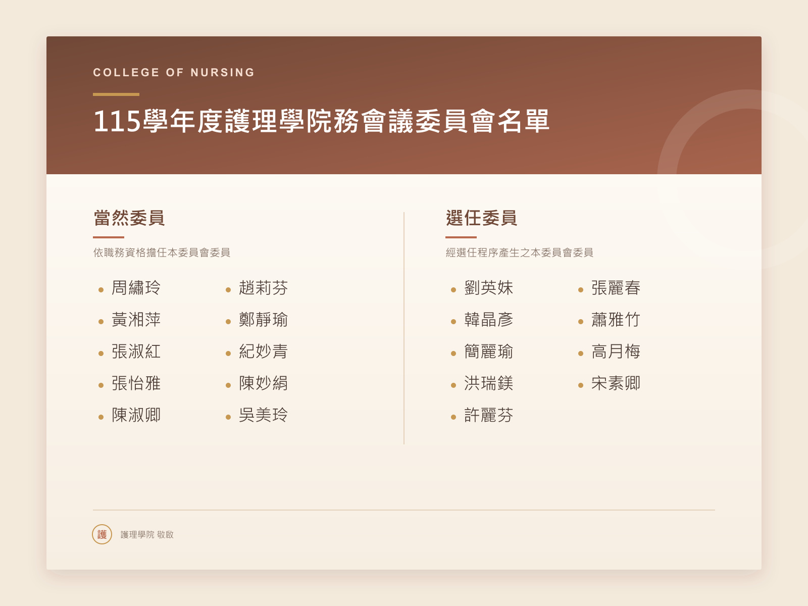 115學年度護理學院務會議委員會名單