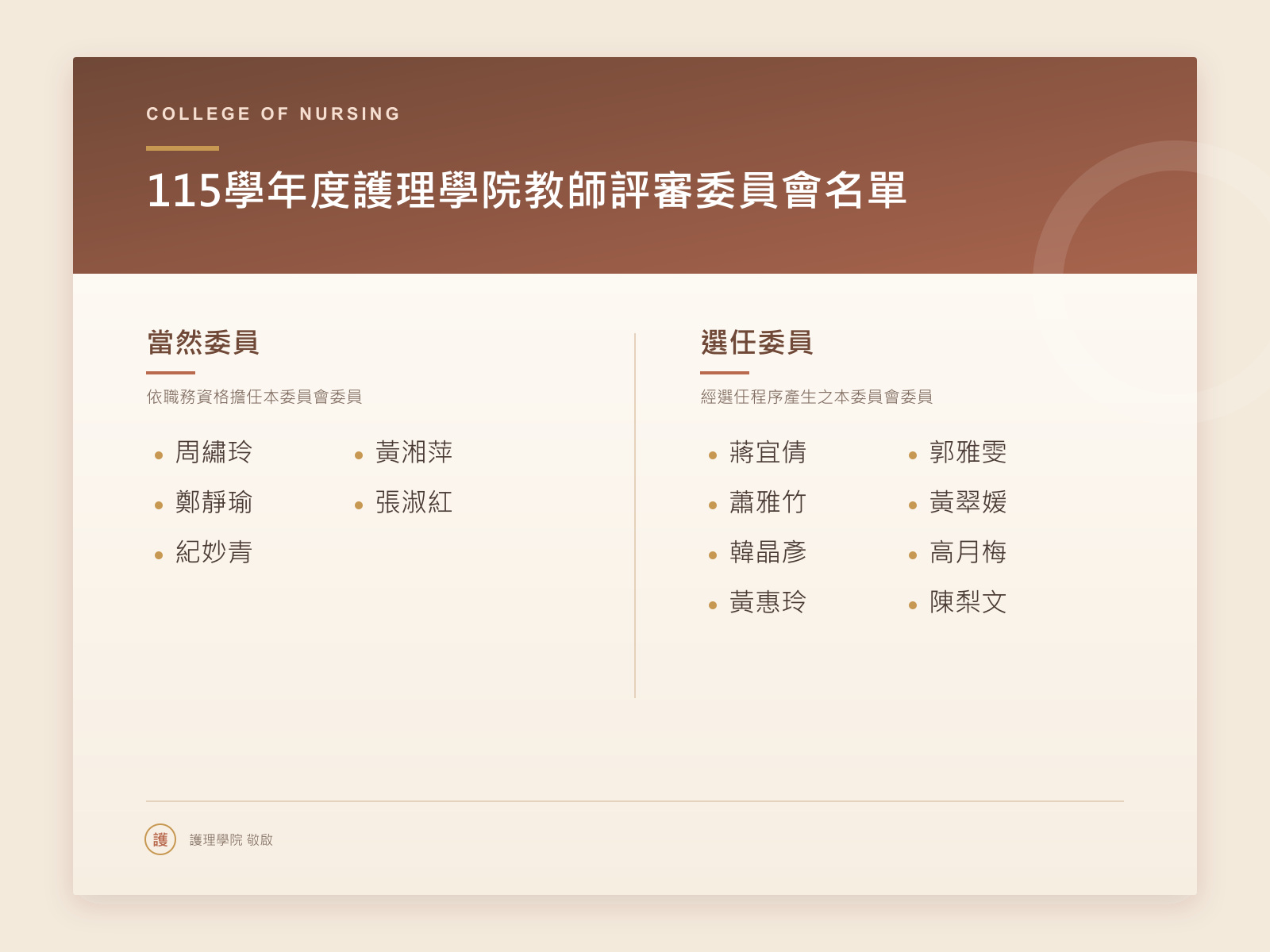115學年度護理學院教師評審委員會名單