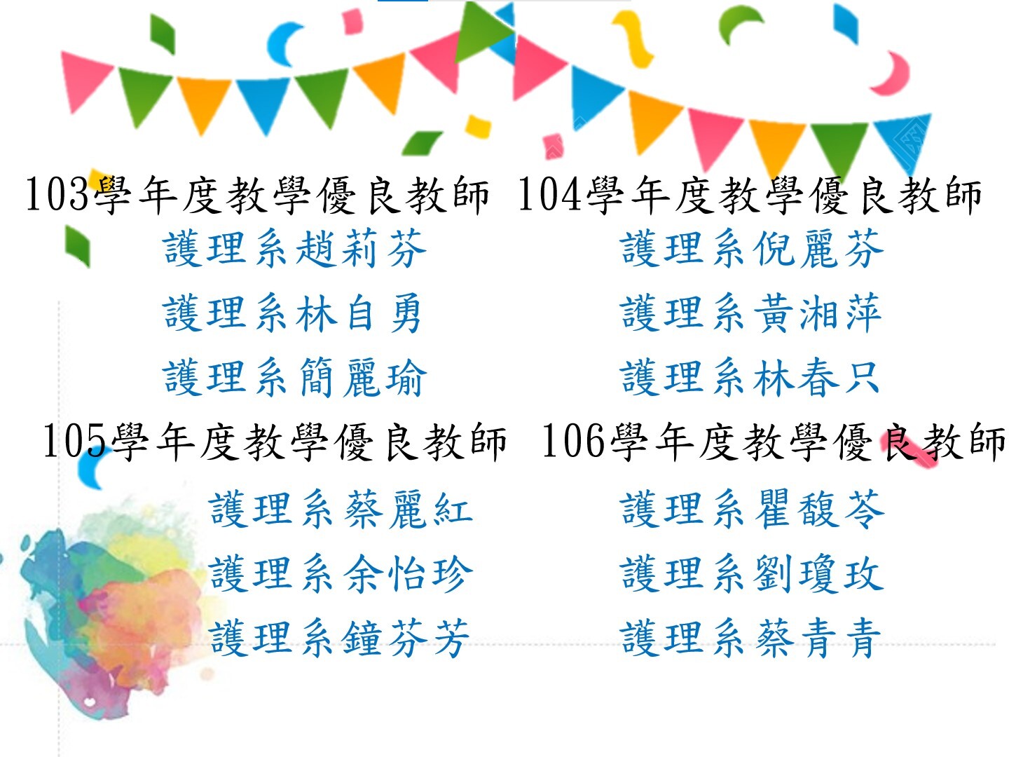 恭賀103學年度至106學年度教學優良教師：護理系趙莉芬、護理系林自勇、護理系簡麗瑜、護理系倪麗芬、護理系黃湘萍、護理系林春只、護理系蔡麗紅、護理系余怡珍、護理系鐘芬芳、護理系瞿馥苓、護理系劉瓊玫、護理系蔡青青。